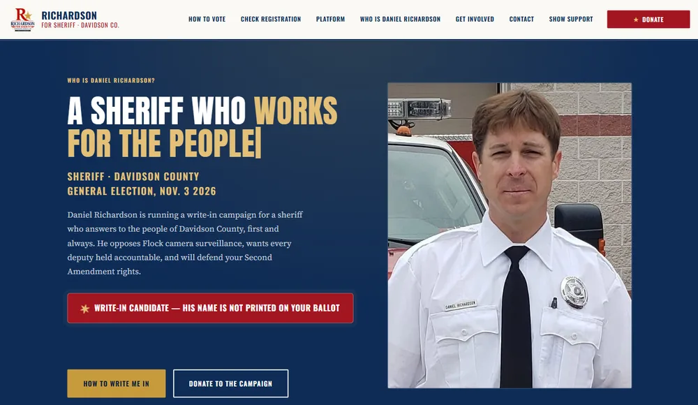 Home page of the Daniel Richardson for Sheriff campaign website, with a navy hero, a headline, a candidate photo, and a donate button