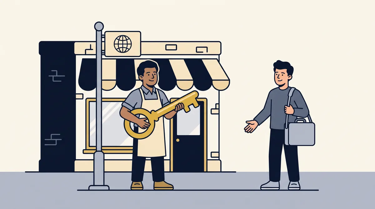 Small business owner holding a gold key beside their street sign and storefront, showing that you should own your own domain name