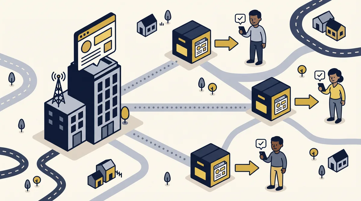 A map shows one original website and three nearby storage boxes holding page copies that each reach a visitor phone, showing how caching speeds up page delivery
