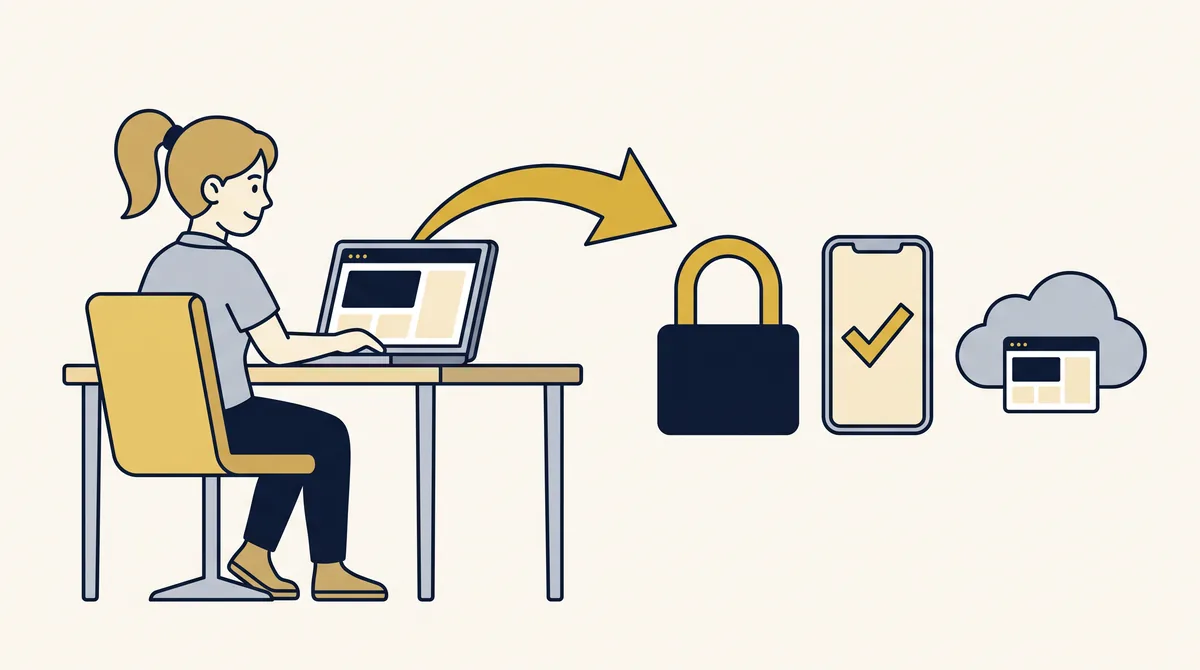 A business owner works on a laptop beside a padlock, a phone with a check mark and a cloud backup, showing the ongoing care a static website still needs