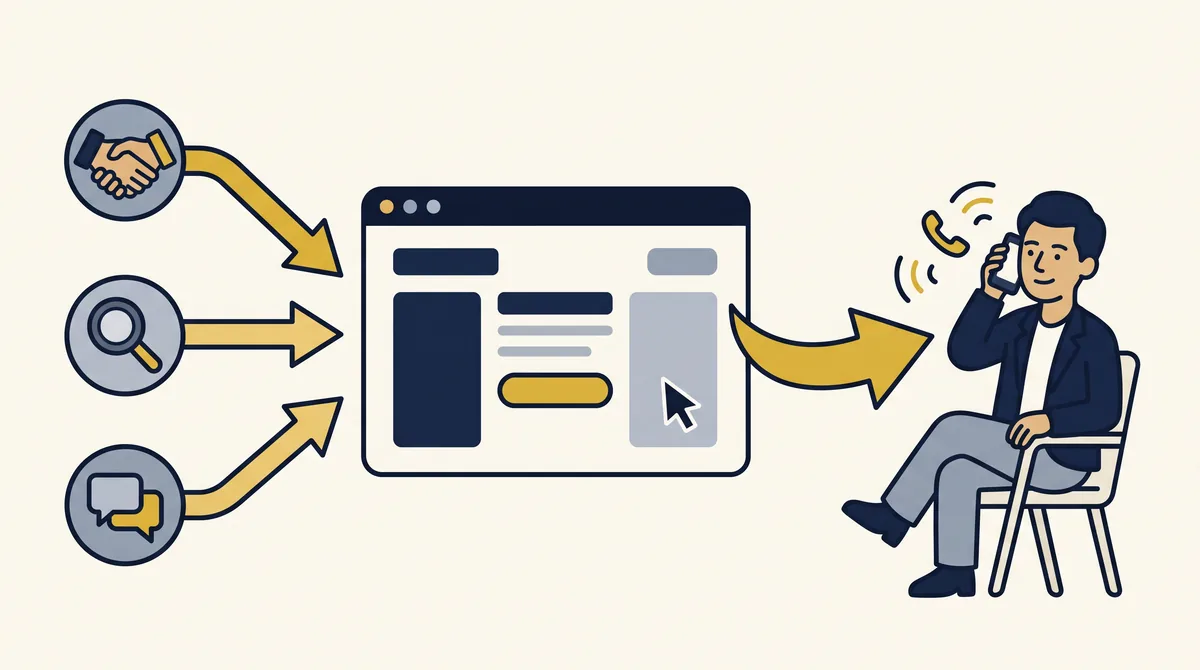 Referral, search and social media icons send gold arrows to one business website, and a customer then makes a phone call, showing how people reach and use your website