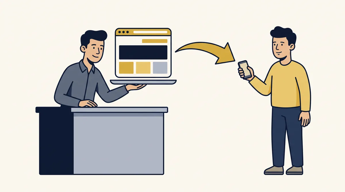 A staff member hands a finished web page on a tray to a customer holding a phone, showing how a static website delivers a page prepared in advance