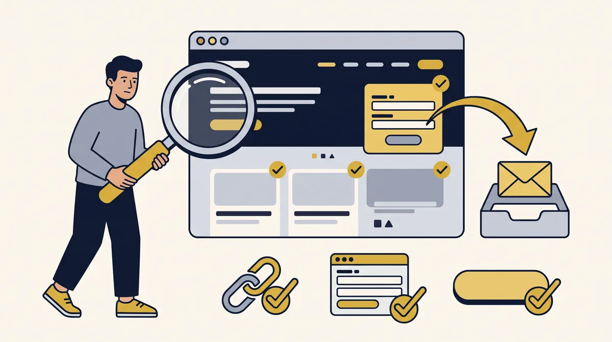 A website designer checks a business website with a magnifying glass while links, a contact form and a button show gold check marks and the form sends an email to an inbox