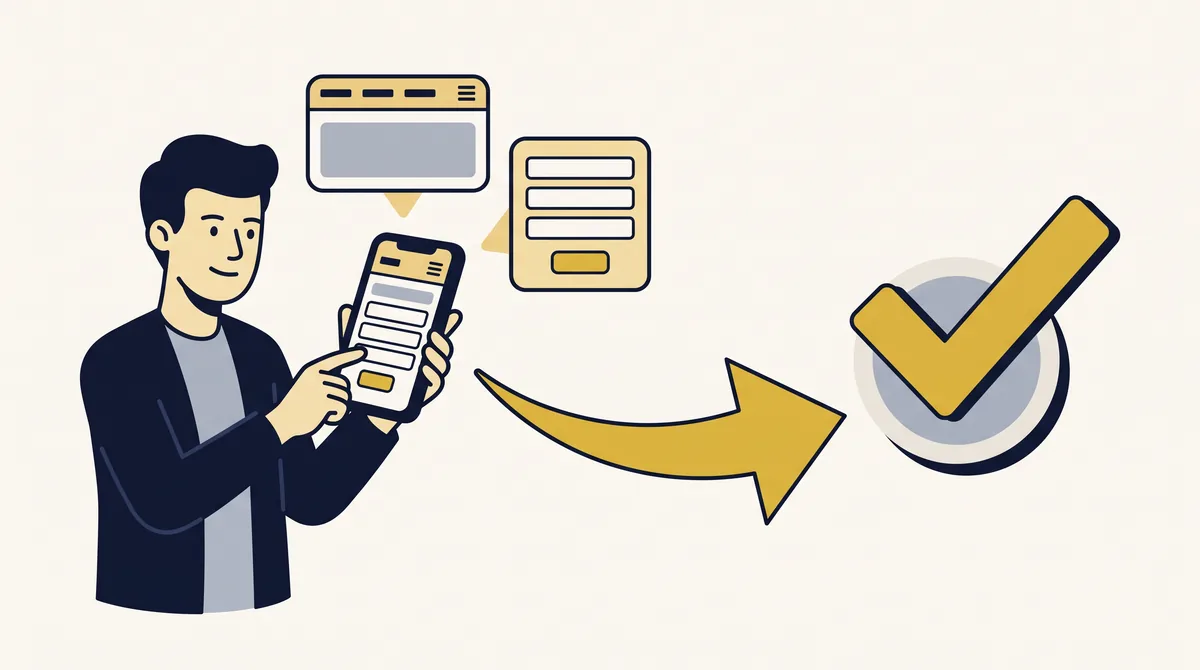 A business owner tests a website on a phone with a menu and short contact form, and a gold arrow leads to a check mark, showing an easy mobile experience