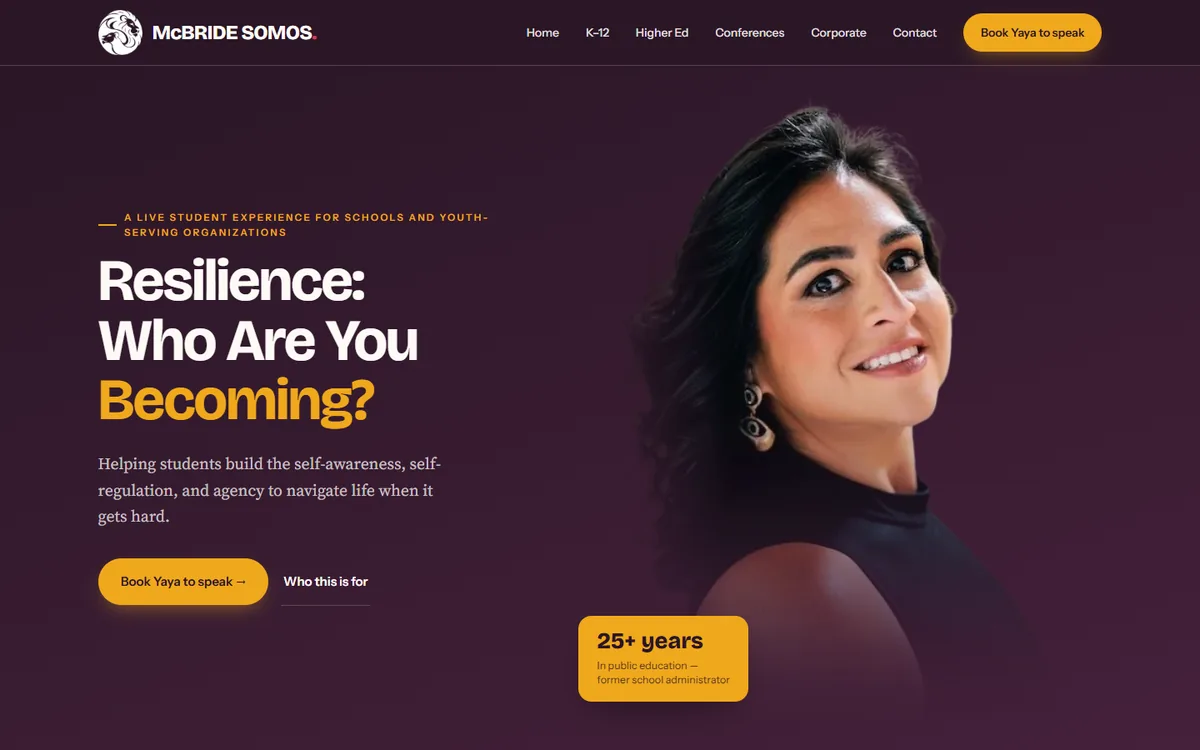 Homepage of mcbridesomos.com showing the headline Resilience: Who Are You Becoming, a portrait of Yaya McBride, and a Book Yaya to speak button