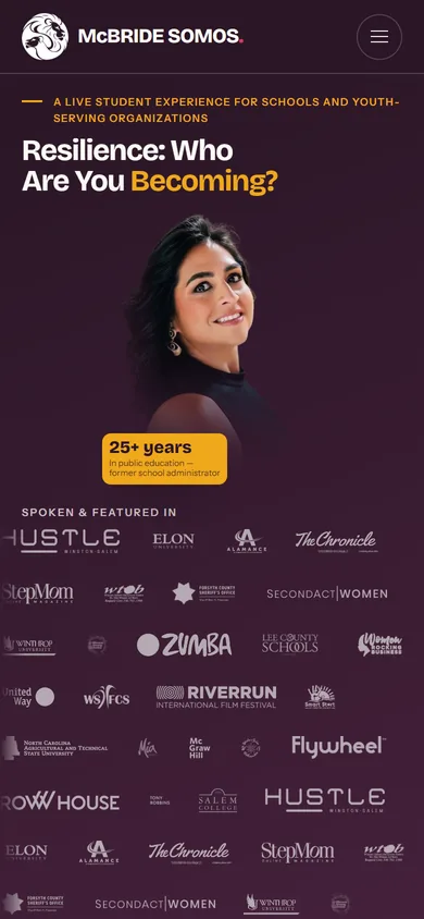 The McBride SOMOS homepage on a phone, showing the headline, portrait, and the Spoken and Featured In logo strip