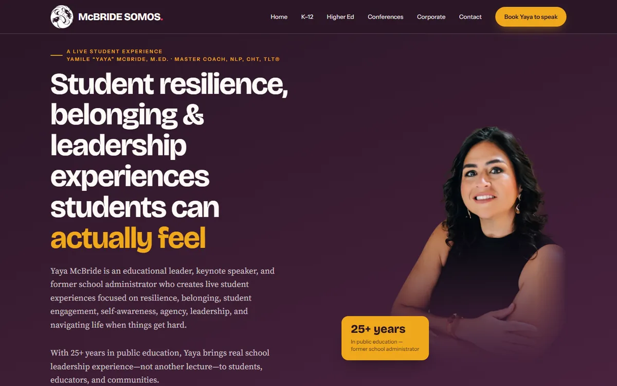 The K-12 audience page on mcbridesomos.com with the headline Student resilience, belonging and leadership experiences students can actually feel